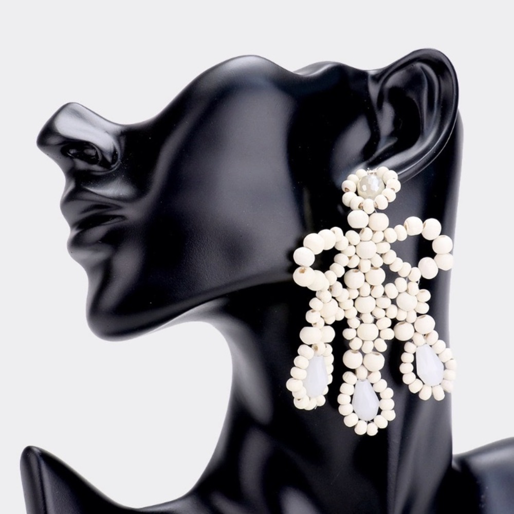 Wood Bead Oversized Bow Drop Earrings- Cream